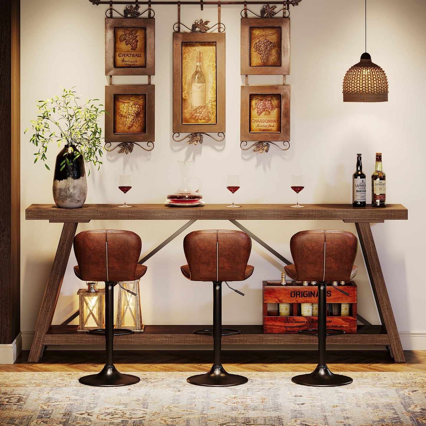 Table console de canapé en bois rustique de 180 cm de long avec étagère de rangement