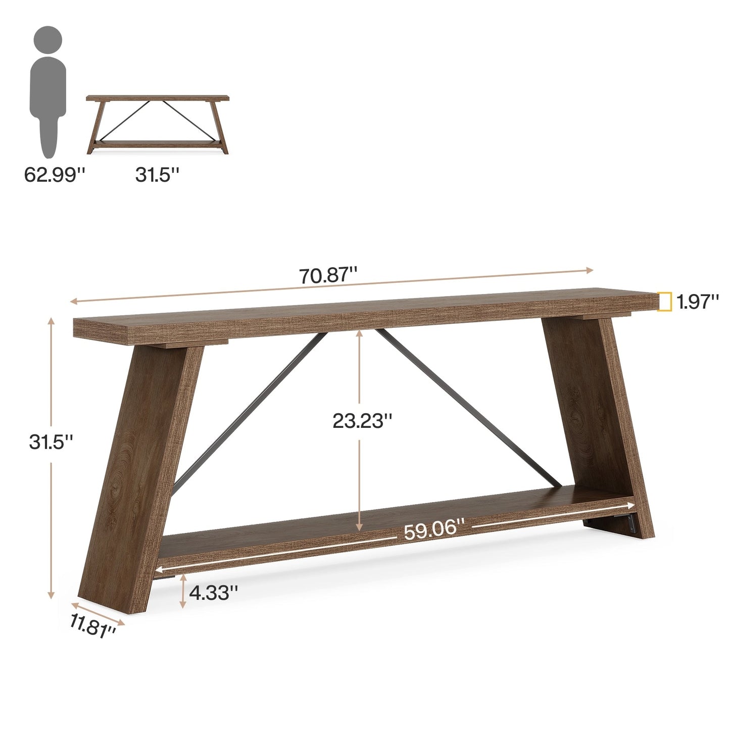 Table console de canapé en bois rustique de 180 cm de long avec étagère de rangement