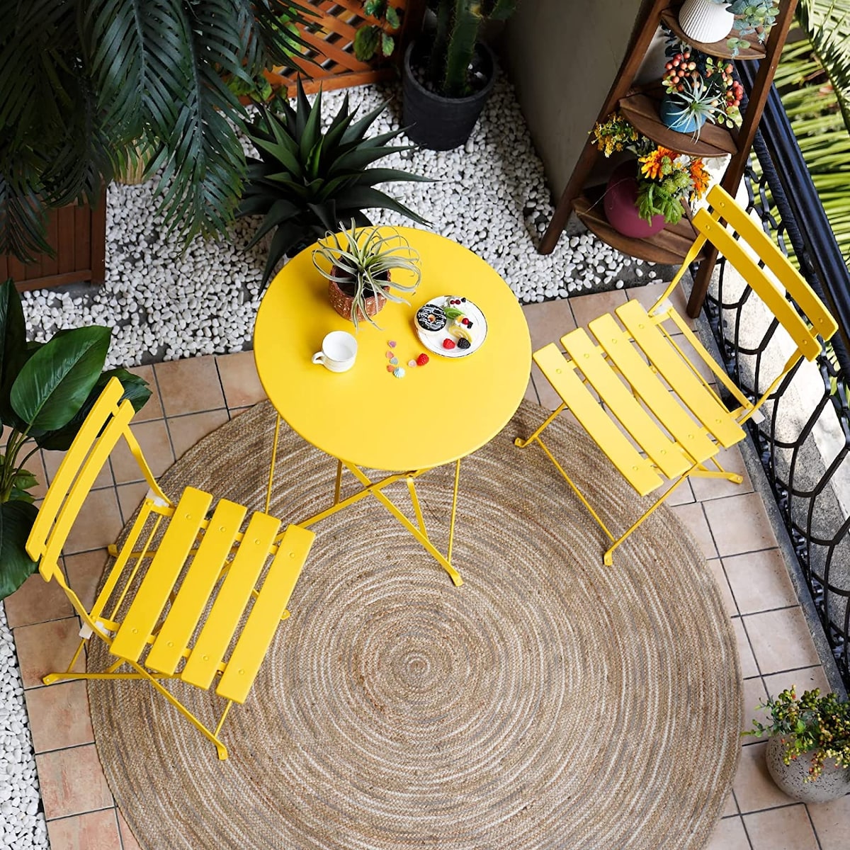 Ensemble de bistro pliable en métal 3 pièces, ensemble de conversation résistant aux intempéries pour l'intérieur et l'extérieur, pour patio, jardin, cour.