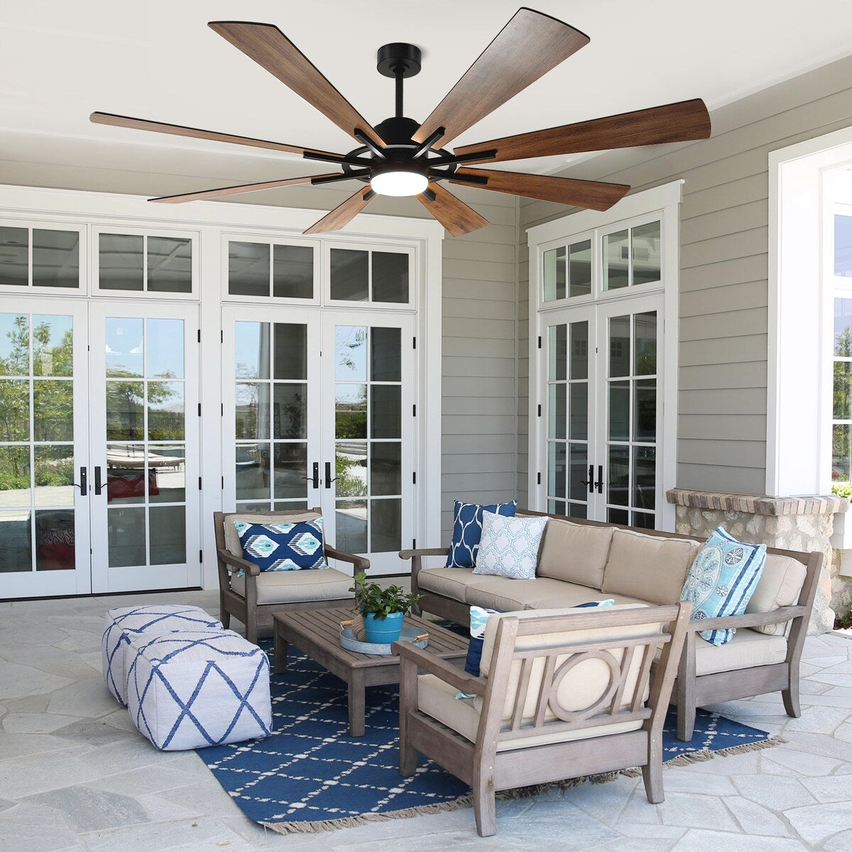 Ventilateur de plafond à télécommande avec éclairage, 8 pales en bois de grande taille