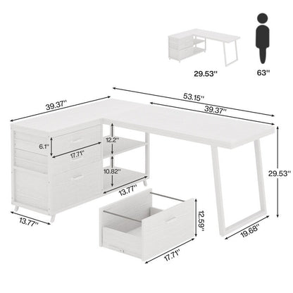 Bureau en forme de L réversible avec tiroirs à dossiers, bureau d'ordinateur d'angle