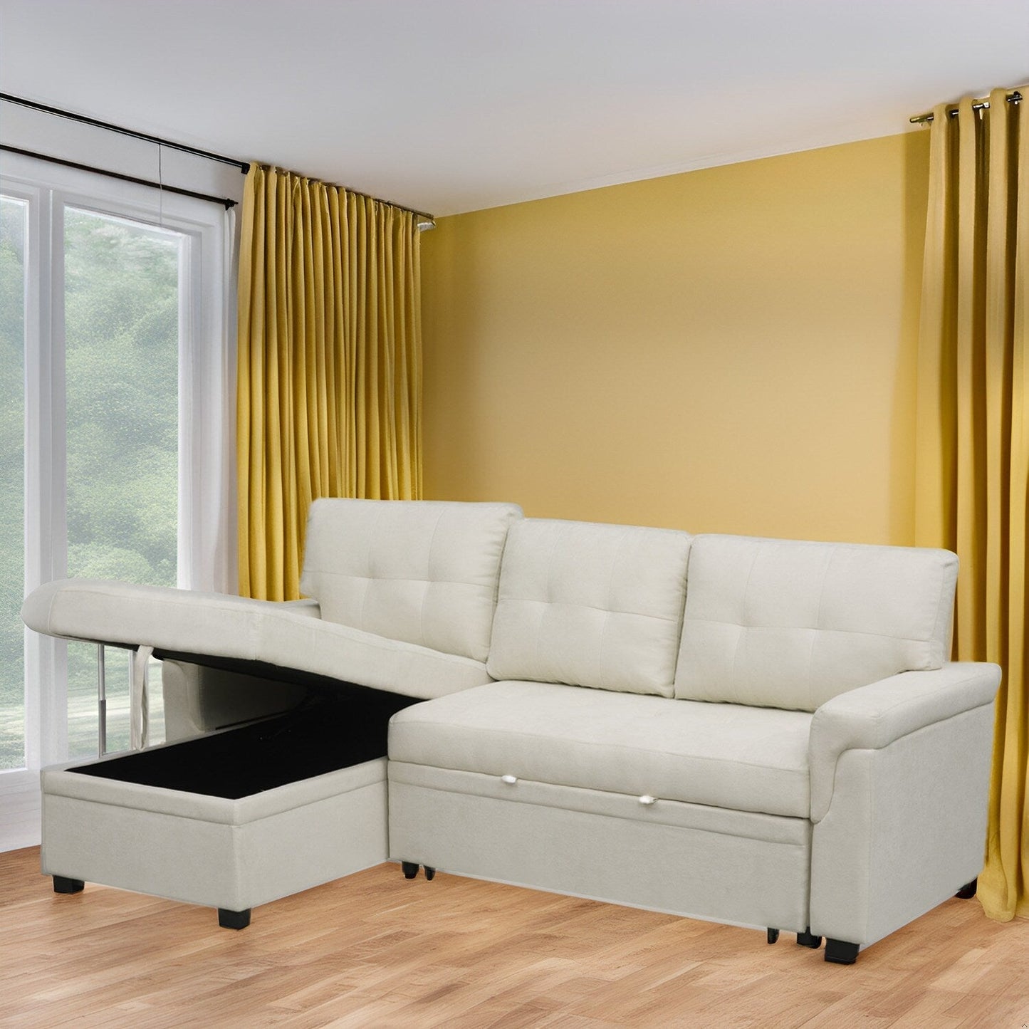 Canapé d'angle réversible avec lit escamotable, chaise longue avec rangement intégré, pieds robustes,