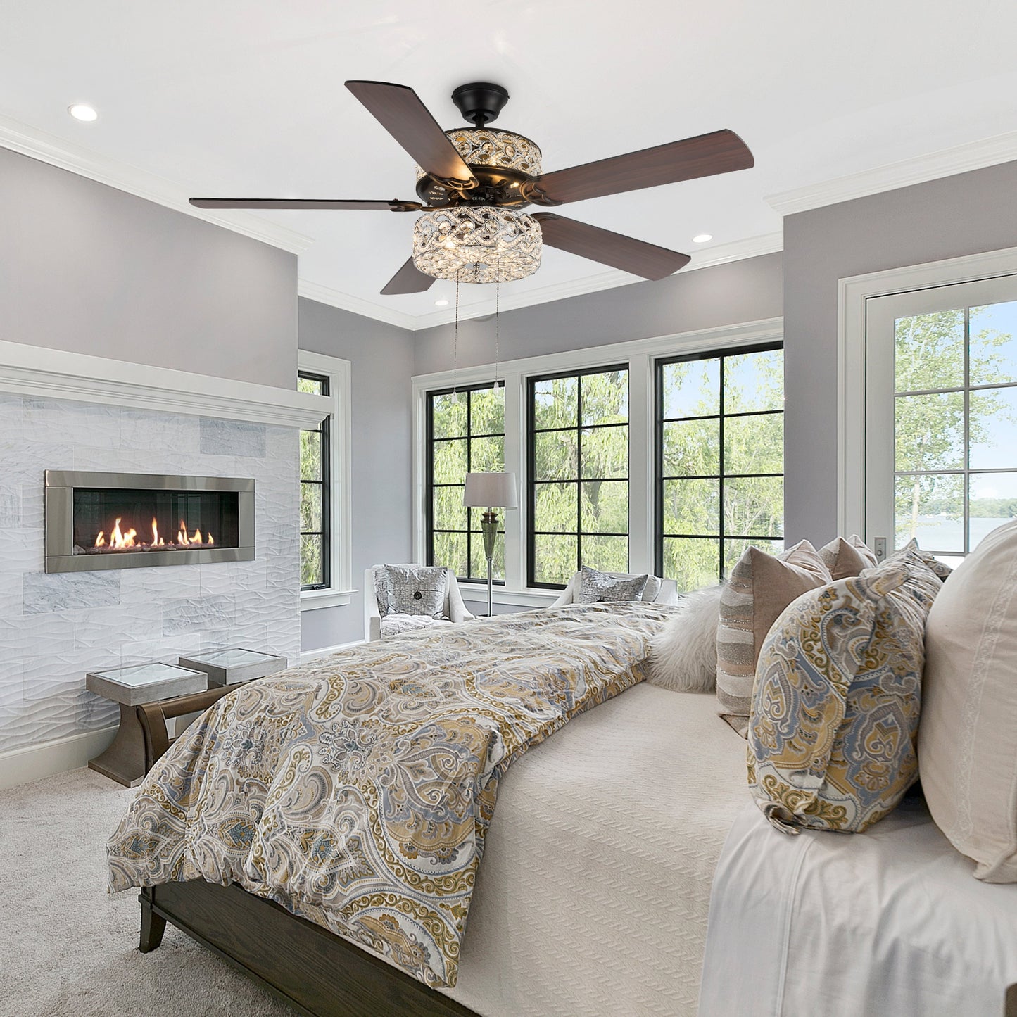 Ventilateur de plafond LED River of Goods Olivia, finition bronze huilé/cristal, 52 pouces - 52L x 52l x 18,25H - 52L x 52l x 18,25H