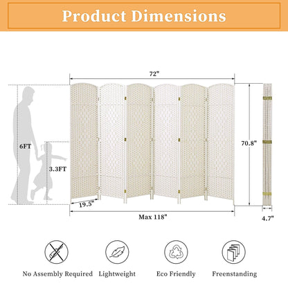 Paravent pliable, séparateur de pièce, hauteur 6 pieds, fibre tressée, écran de confidentialité autoportant
