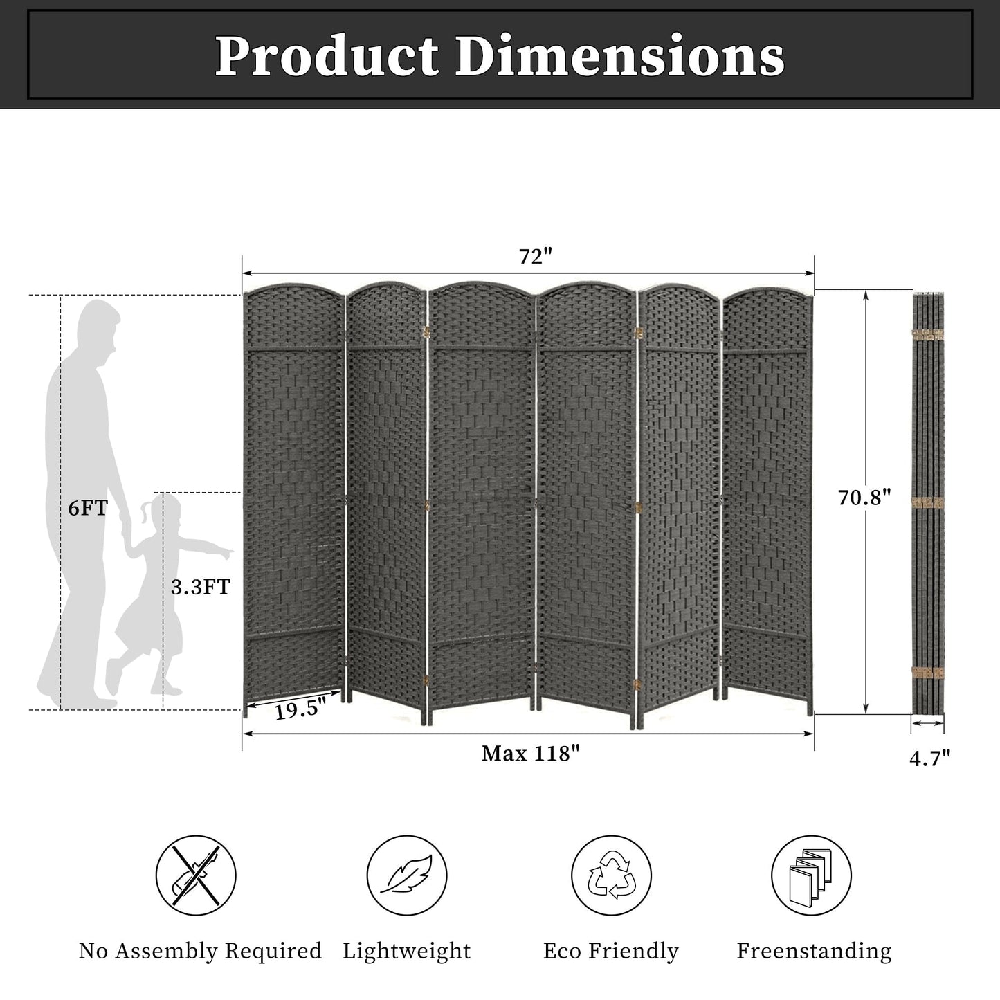 Paravent pliable, séparateur de pièce, hauteur 6 pieds, fibre tressée, écran de confidentialité autoportant