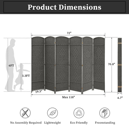 Paravent pliable, séparateur de pièce, hauteur 6 pieds, fibre tressée, écran de confidentialité autoportant