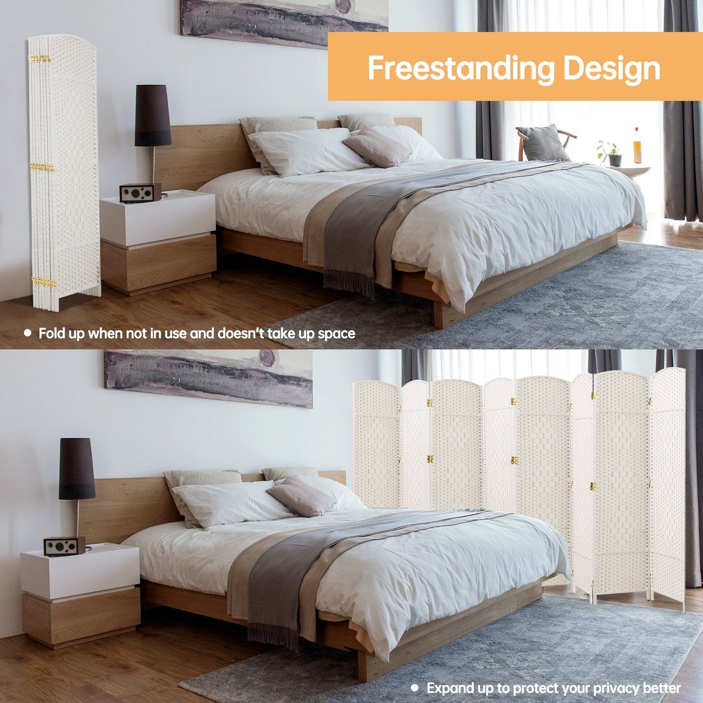 Paravent pliable, séparateur de pièce, hauteur 6 pieds, fibre tressée, écran de confidentialité autoportant