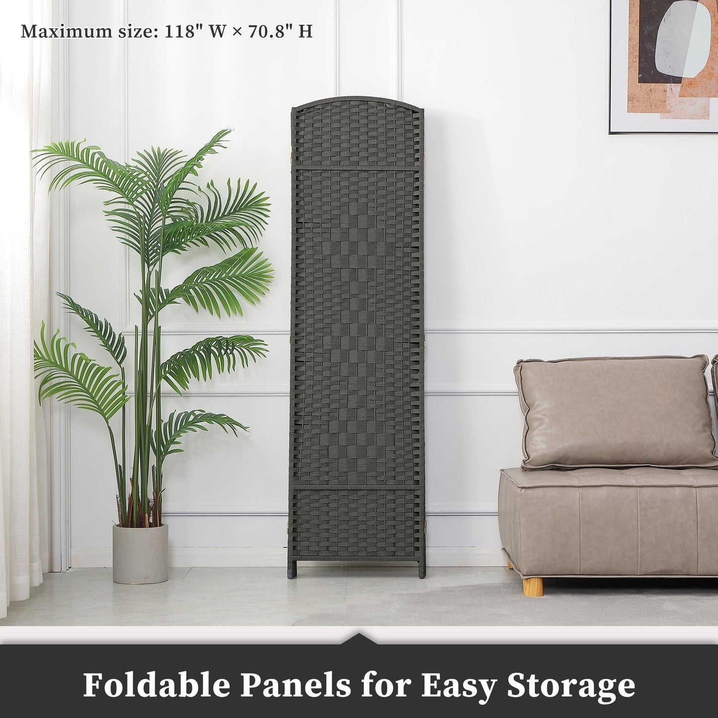 Paravent pliable, séparateur de pièce, hauteur 6 pieds, fibre tressée, écran de confidentialité autoportant