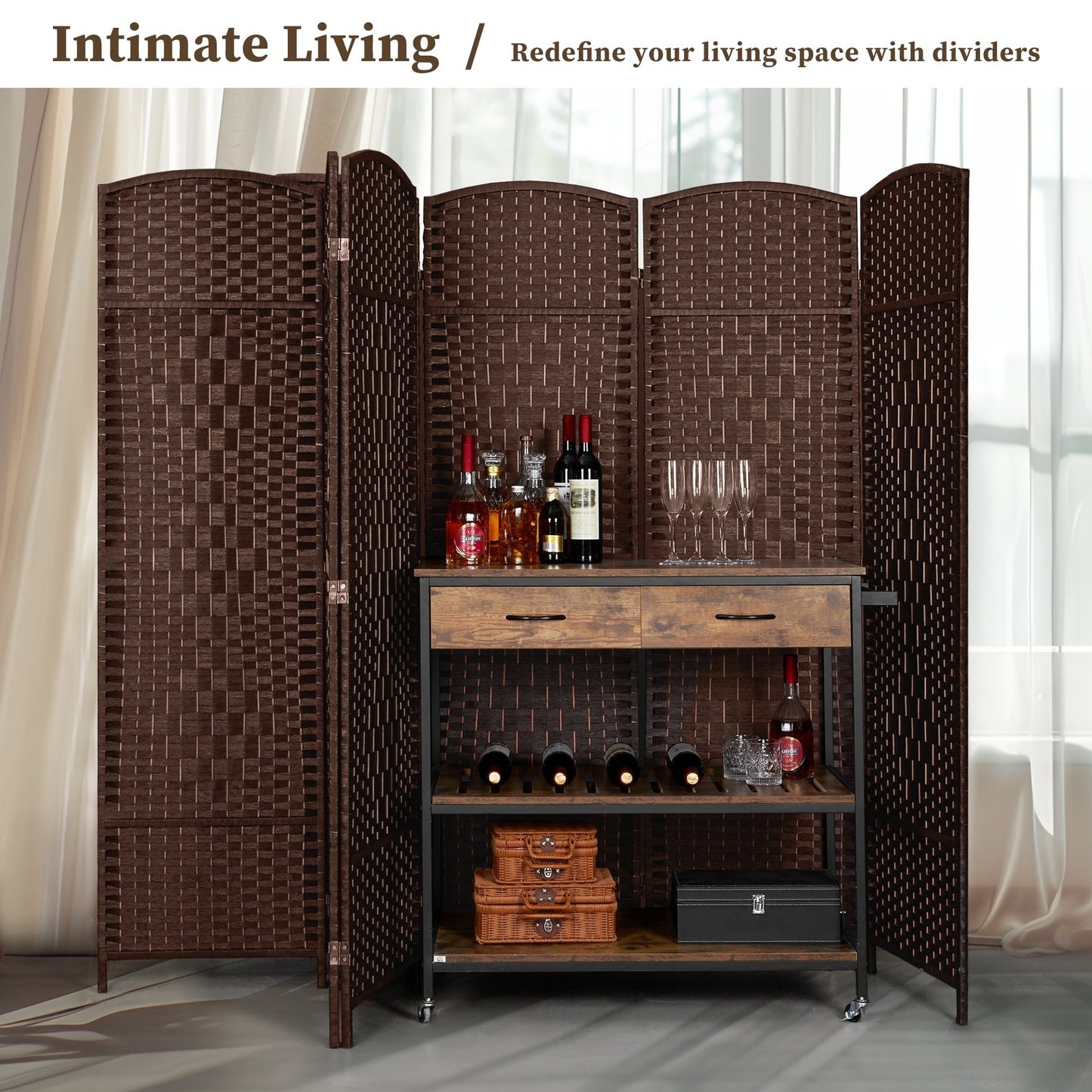 Paravent pliable, séparateur de pièce, hauteur 6 pieds, fibre tressée, écran de confidentialité autoportant