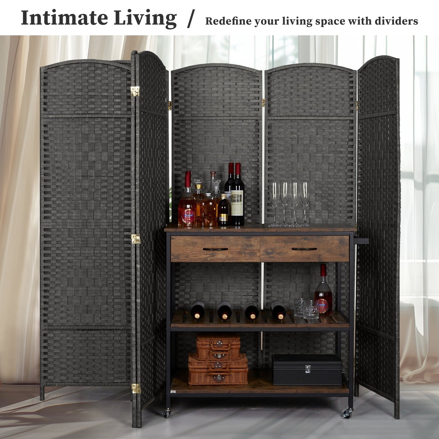 Paravent pliable, séparateur de pièce, hauteur 6 pieds, fibre tressée, écran de confidentialité autoportant