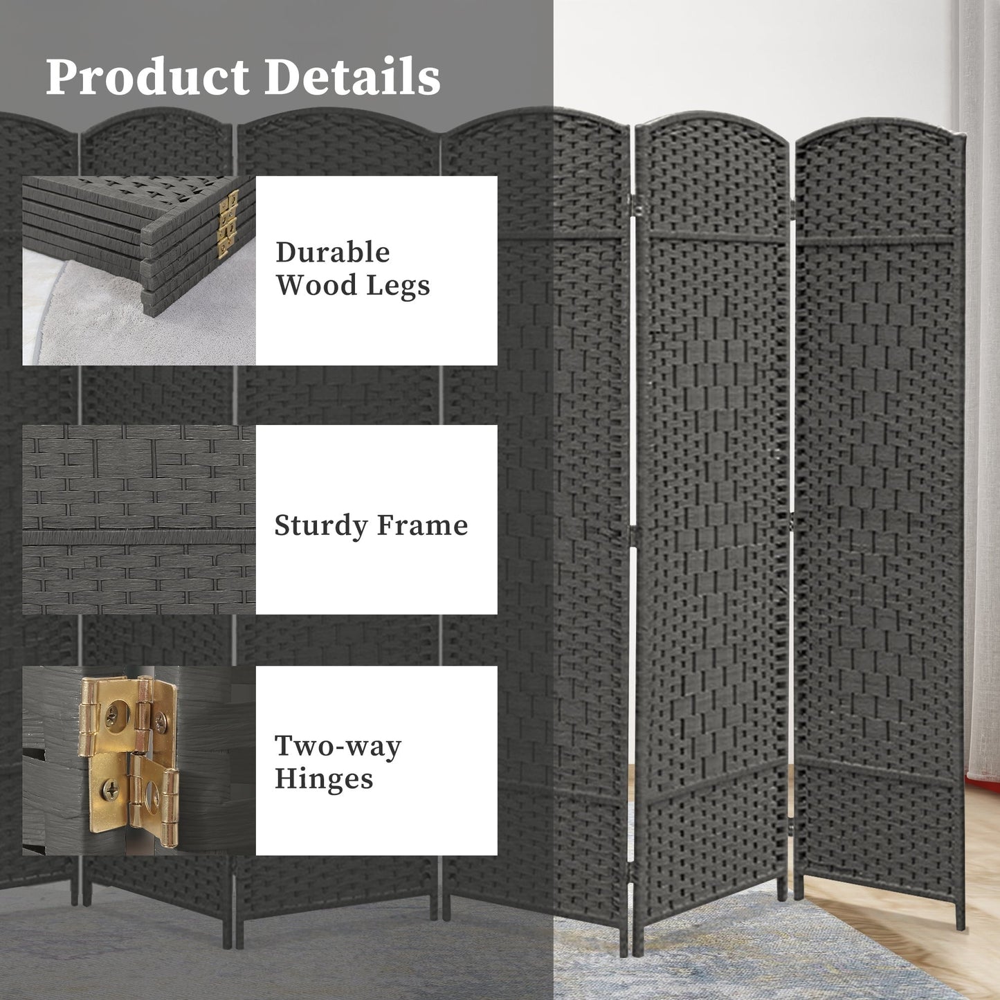 Paravent pliable, séparateur de pièce, hauteur 6 pieds, fibre tressée, écran de confidentialité autoportant