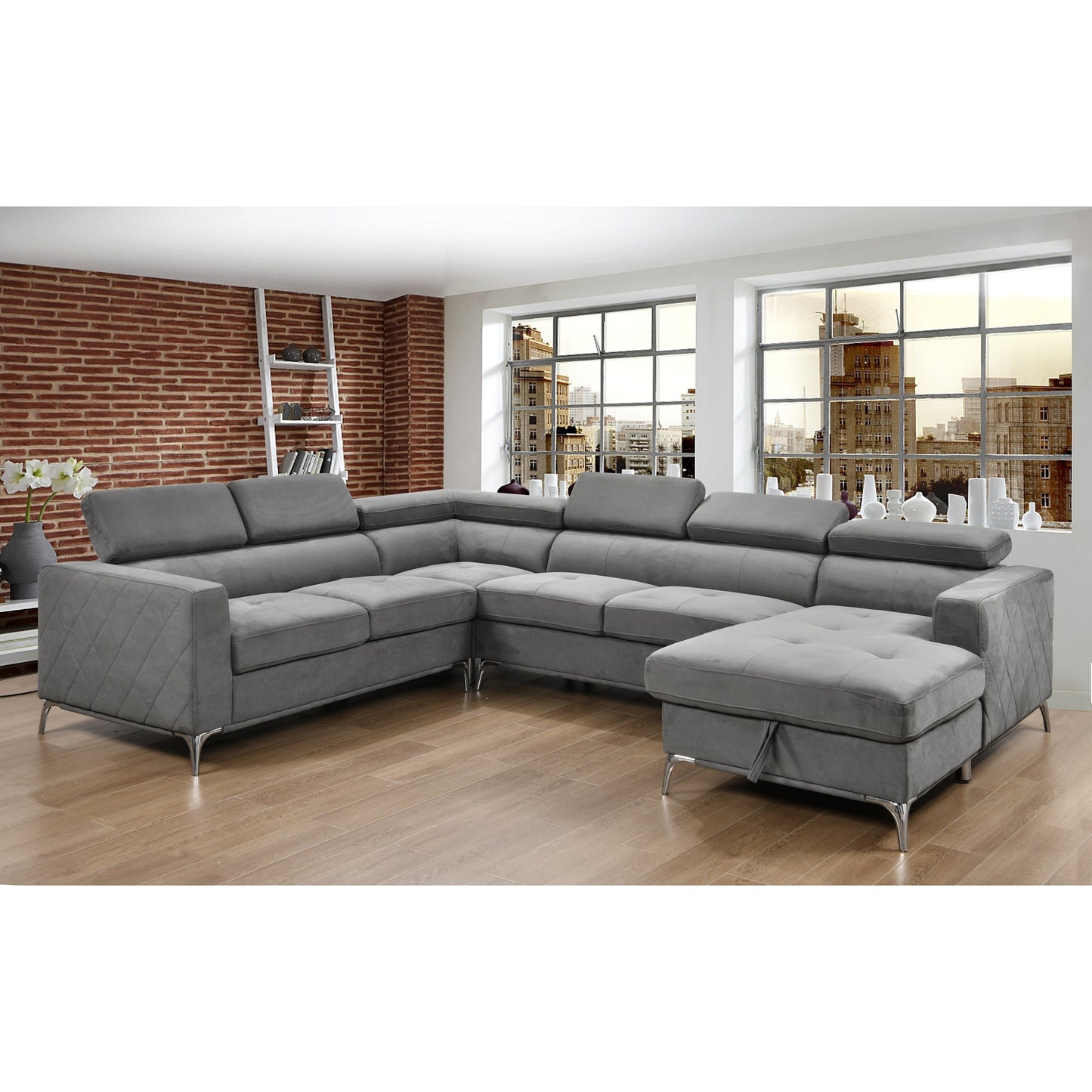 Roomfitters 122 Canapé Sectionnel Extra-Large avec Chaise Longue et Range-Ménage, Canapé Contemporain en Forme de U à 7 Places