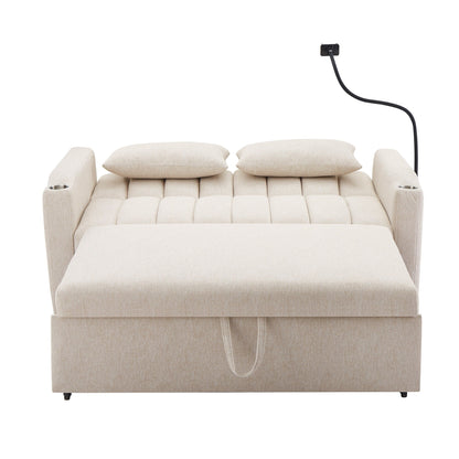Canapé-lit convertible Roomfitters avec ports USB, poches latérales, porte-gobelets et support de téléphone pivotant pour salon.