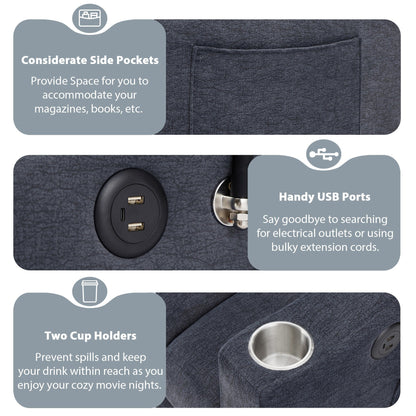 Canapé-lit convertible Roomfitters avec ports USB, poches latérales, porte-gobelets et support de téléphone pivotant pour salon.