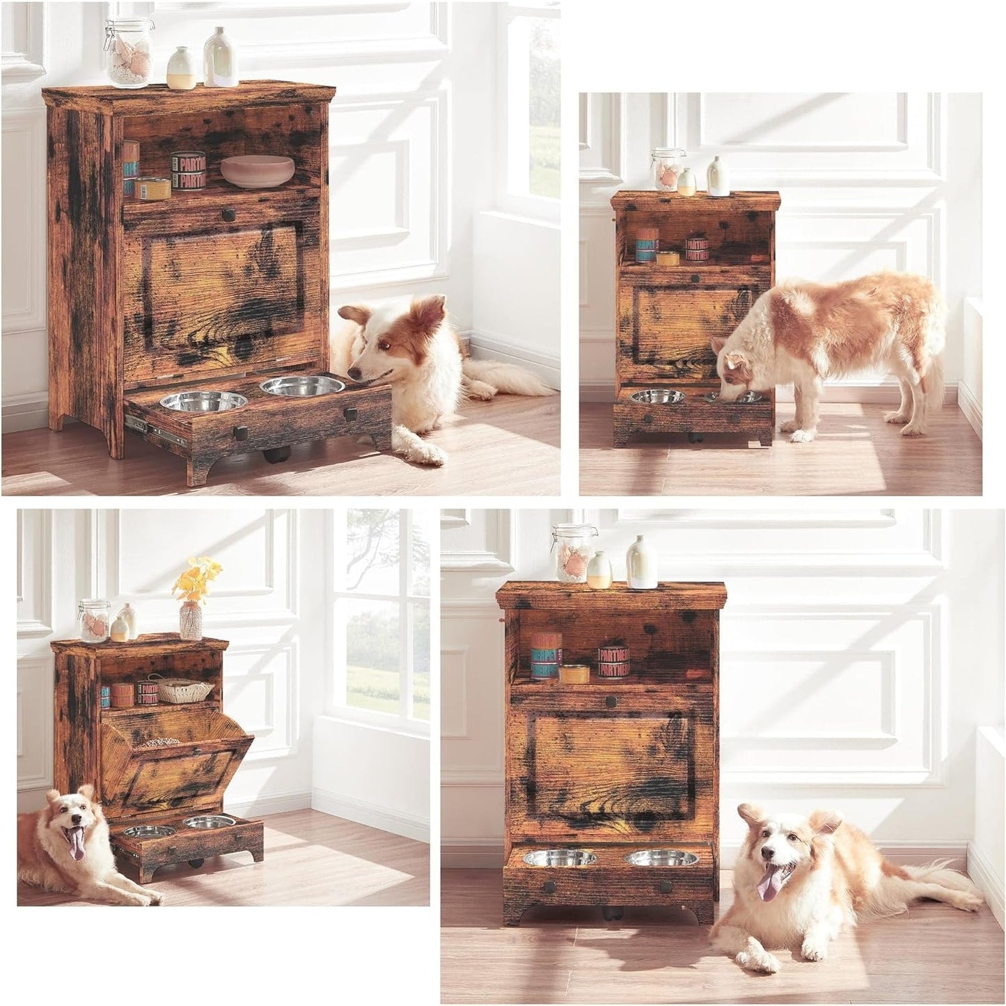 Station d'alimentation pour chien Roomfitters avec 2 gamelles surélevées, meuble de rangement basculant pour l'alimentation des animaux domestiques