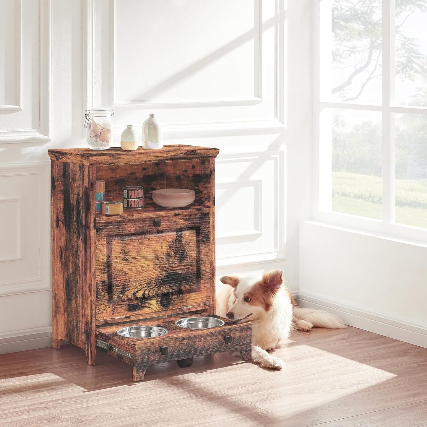 Station d'alimentation pour chien Roomfitters avec 2 gamelles surélevées, meuble de rangement basculant pour l'alimentation des animaux domestiques