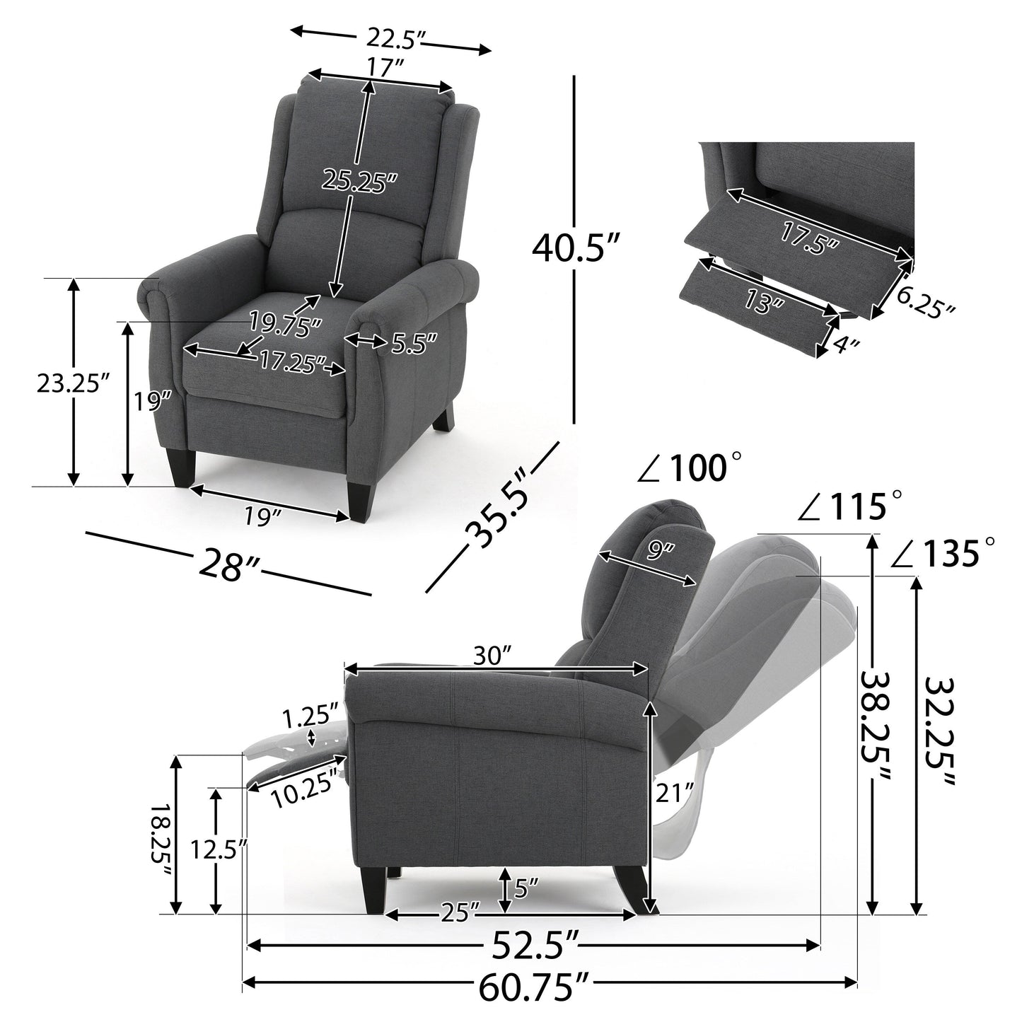 Fauteuil inclinable à dossier basculant en cuir PU Roomfitters Ultimate Comfort, fauteuil inclinable luxueux pour salon ou chambre à coucher