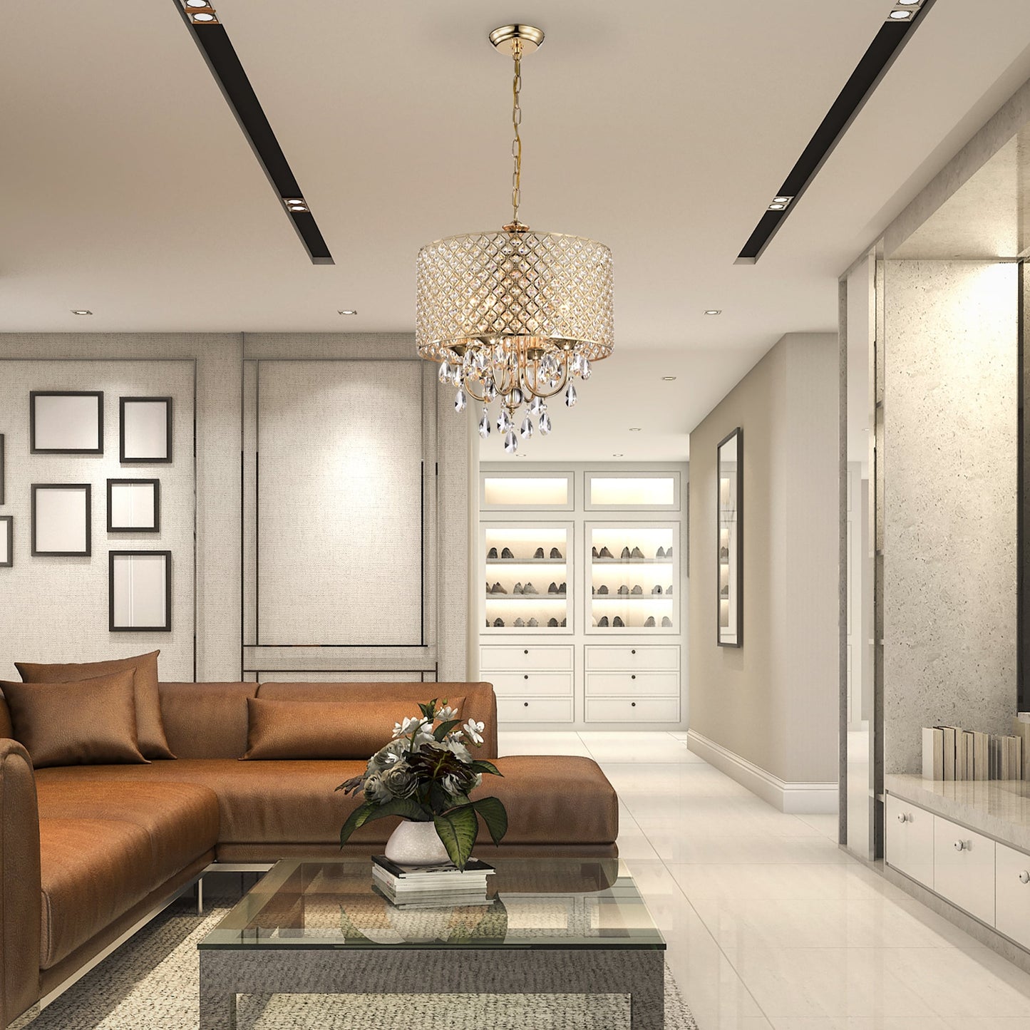 Suspension tambour ronde perlée avec cristaux suspendus