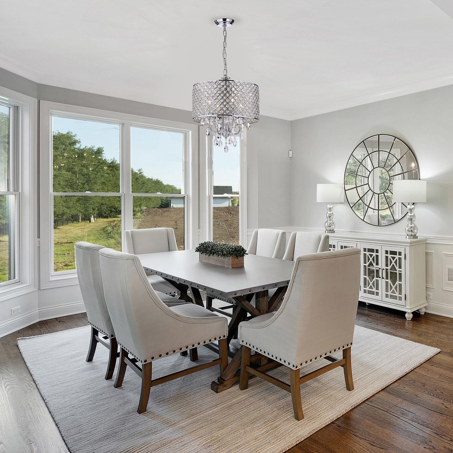 Suspension tambour ronde perlée avec cristaux suspendus