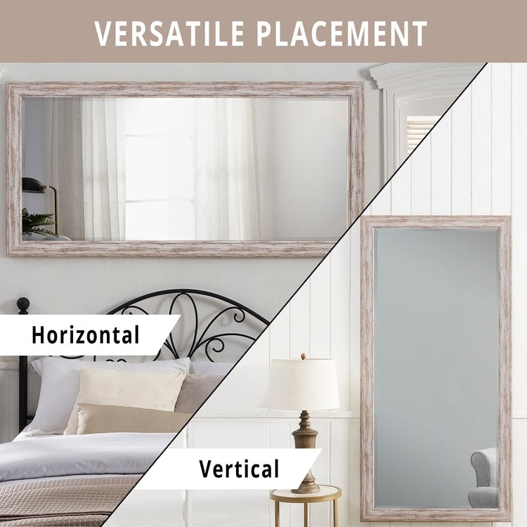 Grand miroir mural rustique - Miroir pleine longueur rectangulaire avec cadre en bois 66 x 32 pouces pour salon, chambre à coucher