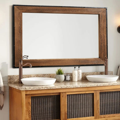 Grand miroir de coiffeuse mural à cadre en bois et fer naturel de style rustique