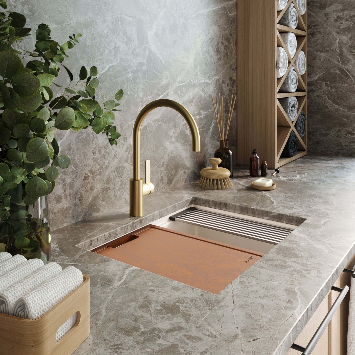 Ruvati Lavabo de buanderie à encastrer sous plan de travail Workstation Warm White en epiRock de 25 pouces - RVG2321WB