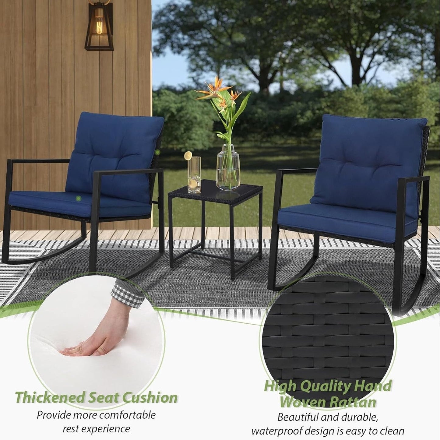 Ensemble de bistro à balançoire de patio extérieur SUNCROWN en métal noir, 3 pièces