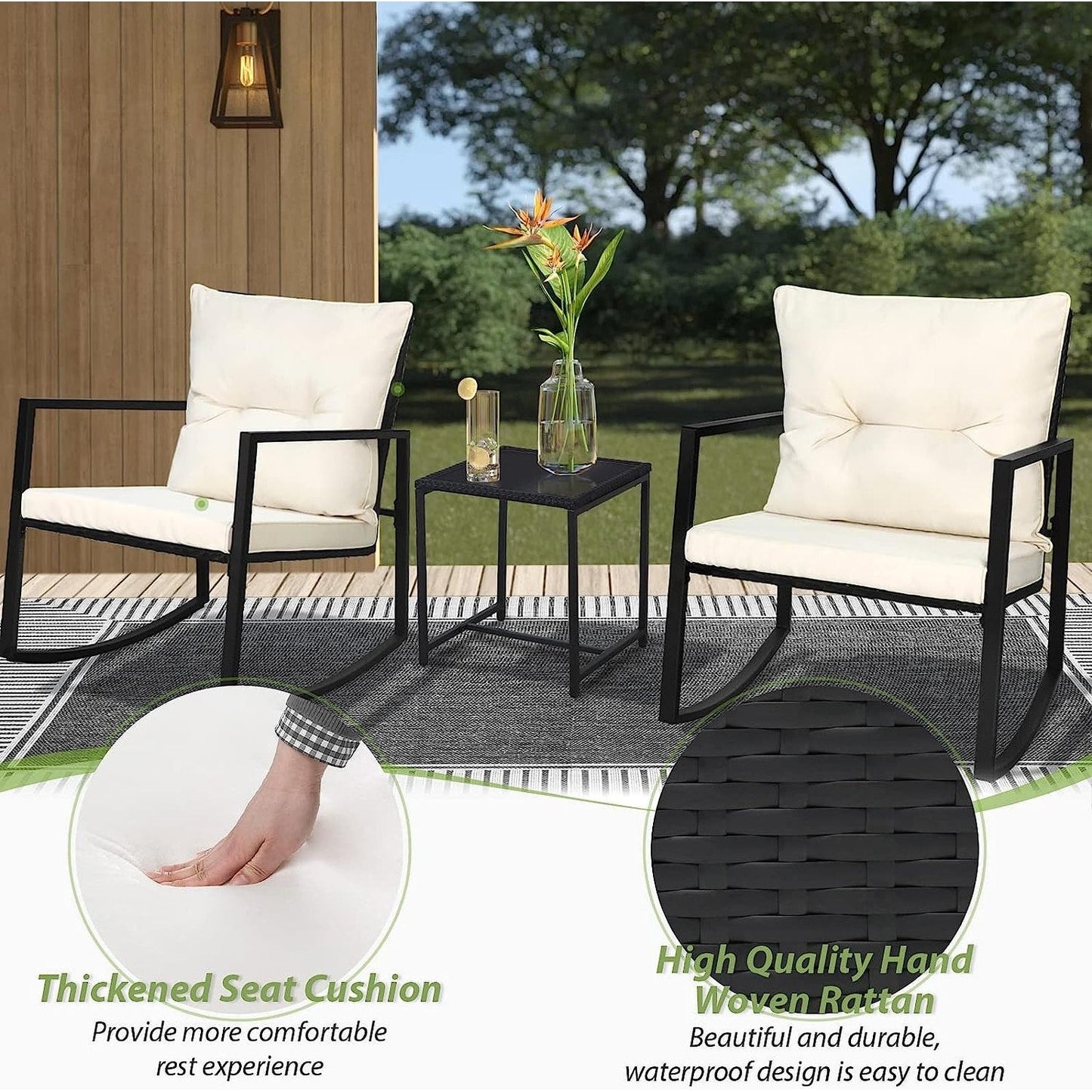 Ensemble de bistro à balançoire de patio extérieur SUNCROWN en métal noir, 3 pièces