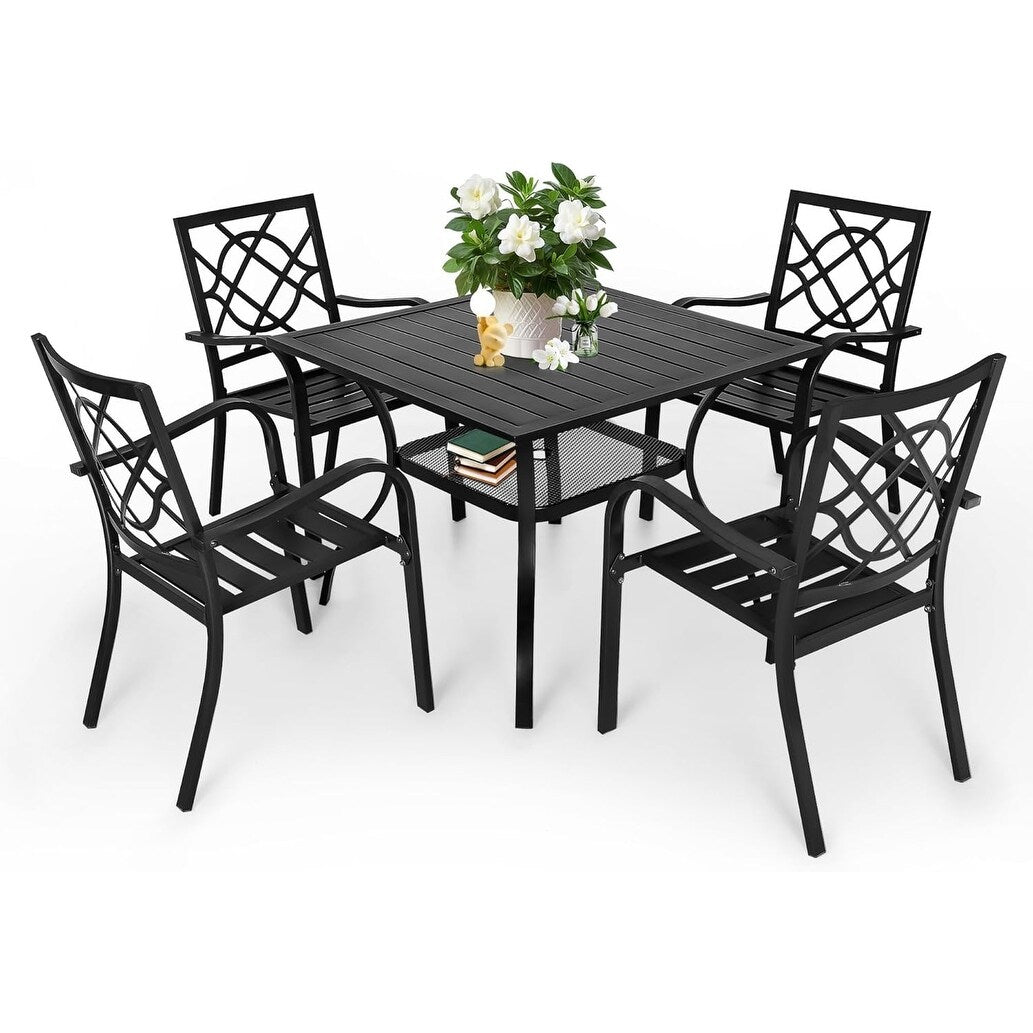 SUNCROWN Ensemble de repas d'extérieur pour patio, 5/7 pièces, en acier, avec table à lattes métalliques et chaises empilables, cadre à revêtement en poudre.