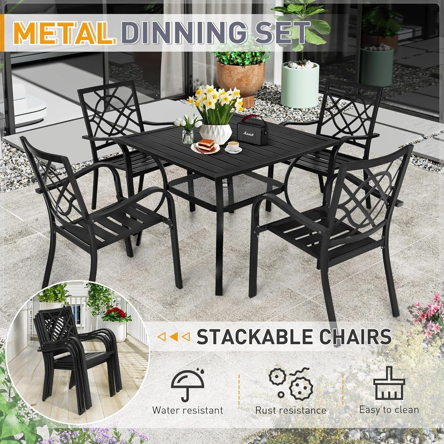 SUNCROWN Ensemble de repas d'extérieur pour patio, 5/7 pièces, en acier, avec table à lattes métalliques et chaises empilables, cadre à revêtement en poudre.