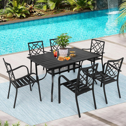 SUNCROWN Ensemble de repas d'extérieur pour patio, 5/7 pièces, en acier, avec table à lattes métalliques et chaises empilables, cadre à revêtement en poudre.