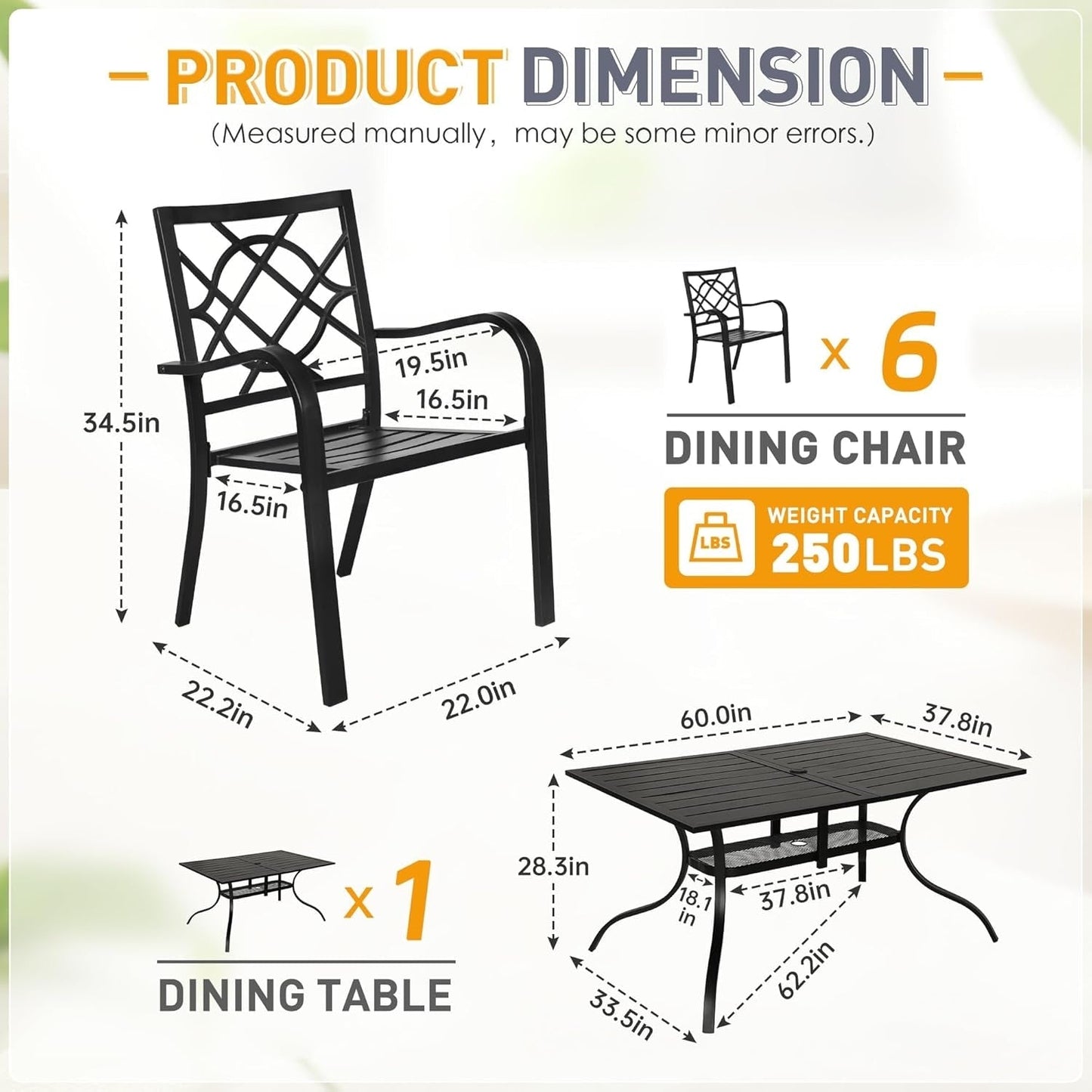 SUNCROWN Ensemble de repas d'extérieur pour patio, 5/7 pièces, en acier, avec table à lattes métalliques et chaises empilables, cadre à revêtement en poudre.