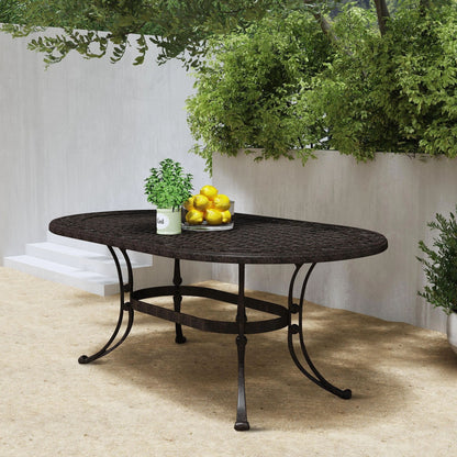 Ensemble de repas d'extérieur Sanibel en aluminium bronze, 7 pièces, comprenant une table ovale de 72 pouces et six chaises à accoudoirs de Homestyles.