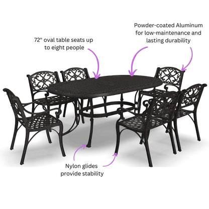 Ensemble de repas d'extérieur Sanibel en aluminium bronze, 7 pièces, comprenant une table ovale de 72 pouces et six chaises à accoudoirs de Homestyles.