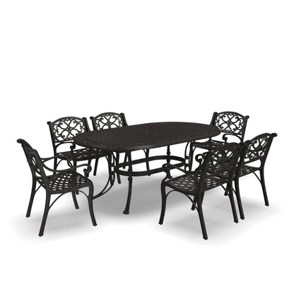 Ensemble de repas d'extérieur Sanibel en aluminium bronze, 7 pièces, comprenant une table ovale de 72 pouces et six chaises à accoudoirs de Homestyles.