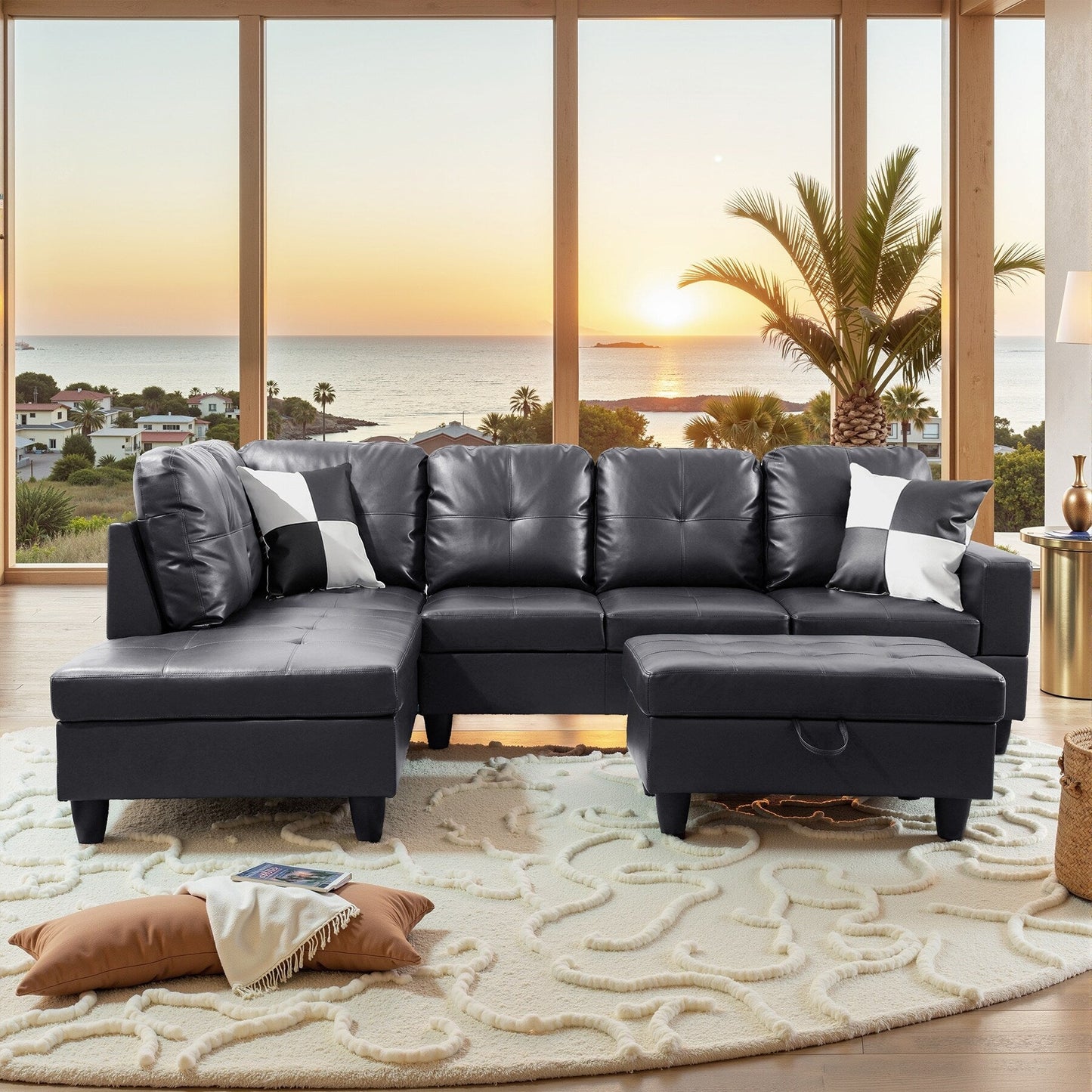 Ensemble de canapé semi-cuir synthétique PU 3 pièces pour salon