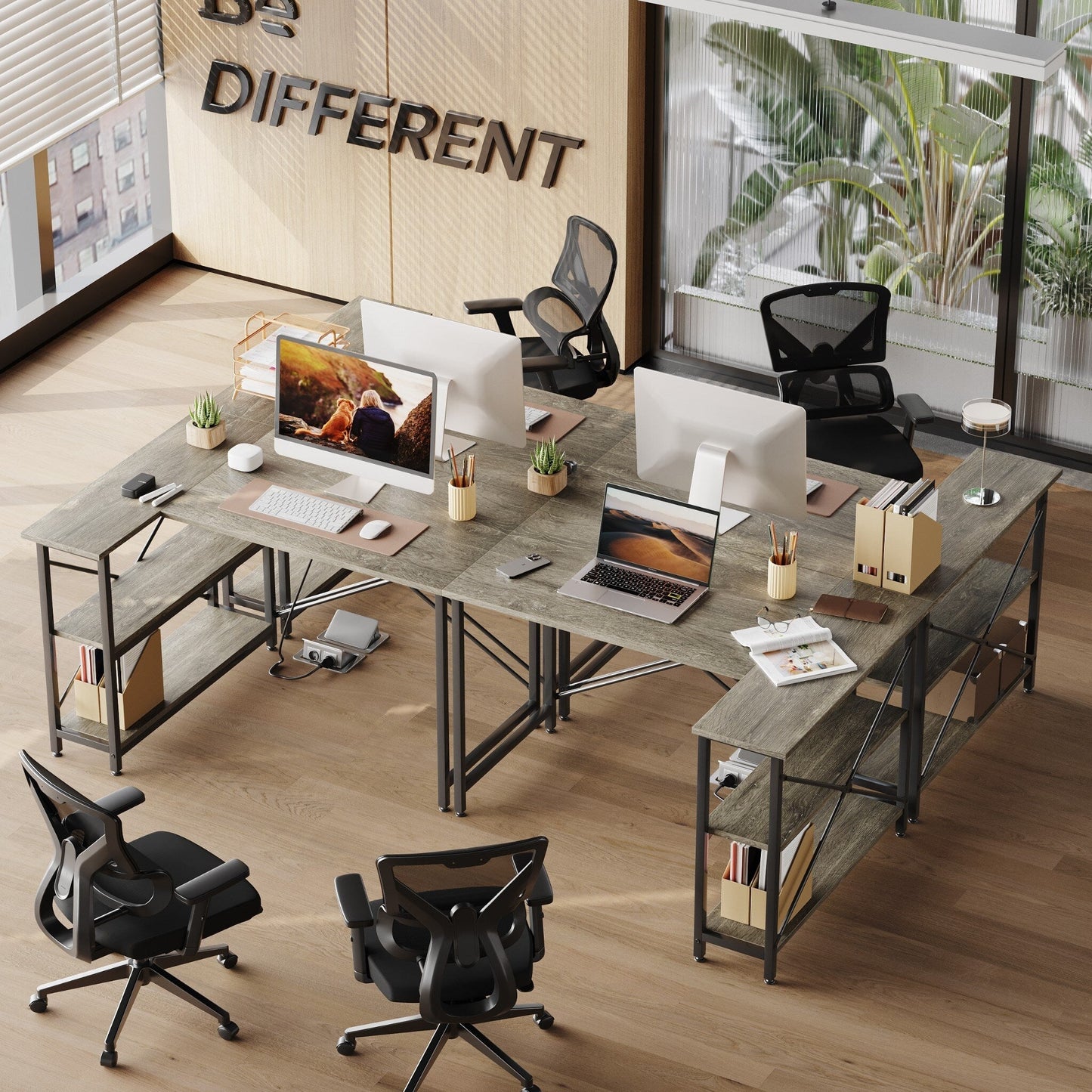 Bureau en forme de L avec étagères de rangement, bureau d'ordinateur d'angle.