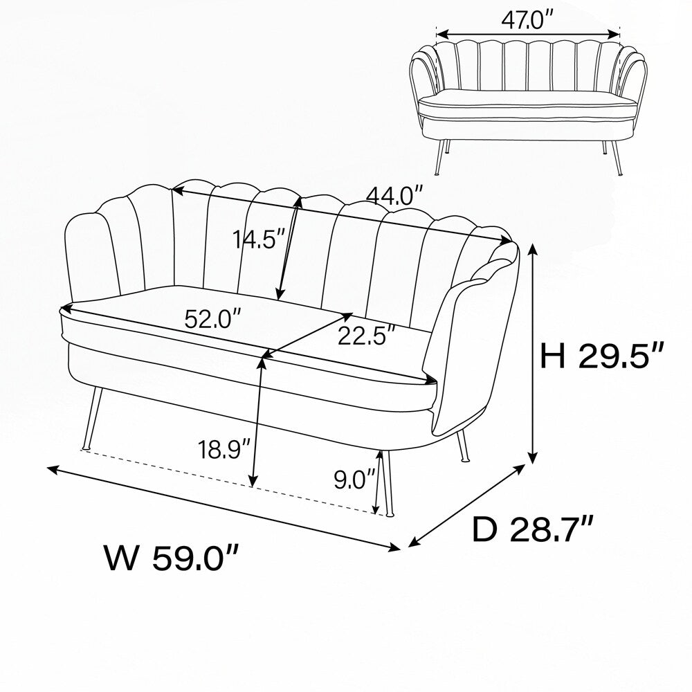 Petit canapé de salon, canapé deux places avec pieds en métal doré - 2 places
