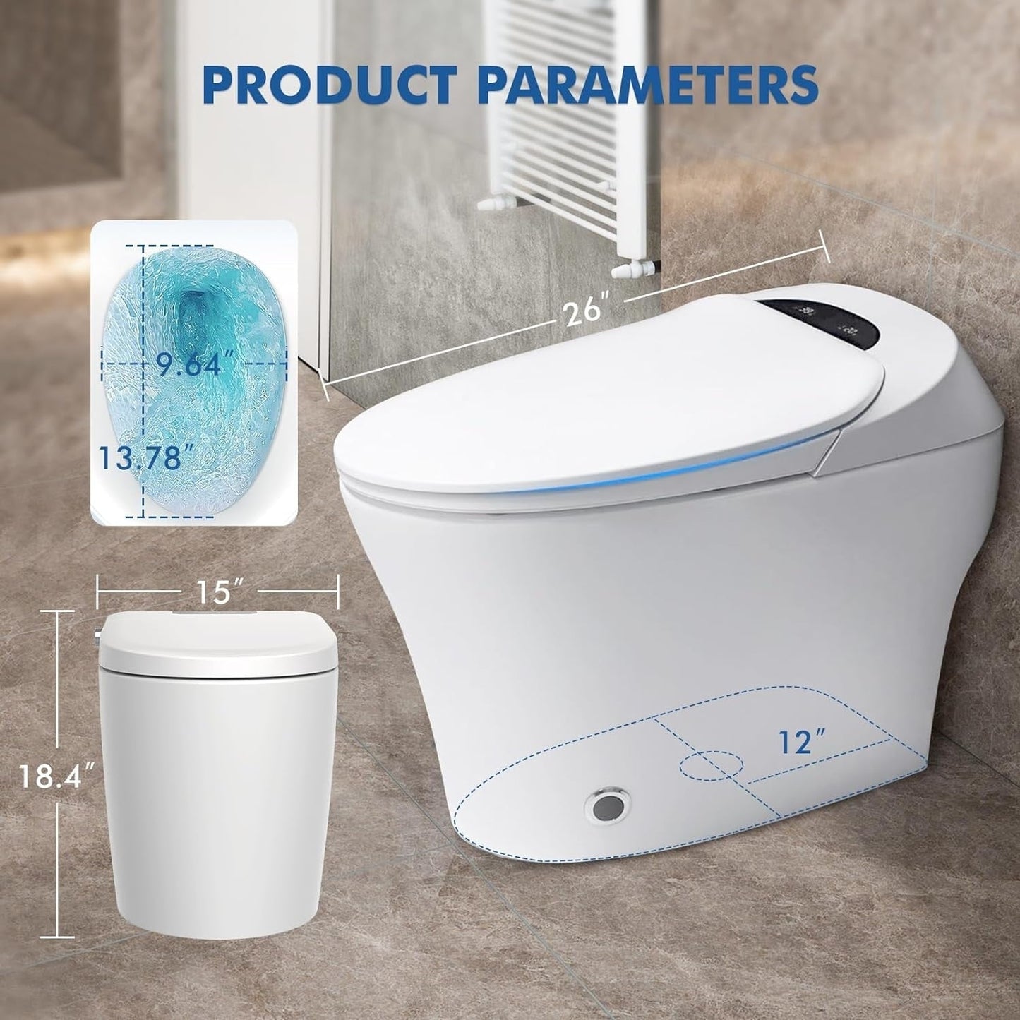 Toilettes intelligentes, Bidet à une pièce pour salles de bain, Toilettes modernes allongées avec eau chaude, Double chasse d'eau automatique, Fonctionnement par capteur de pied