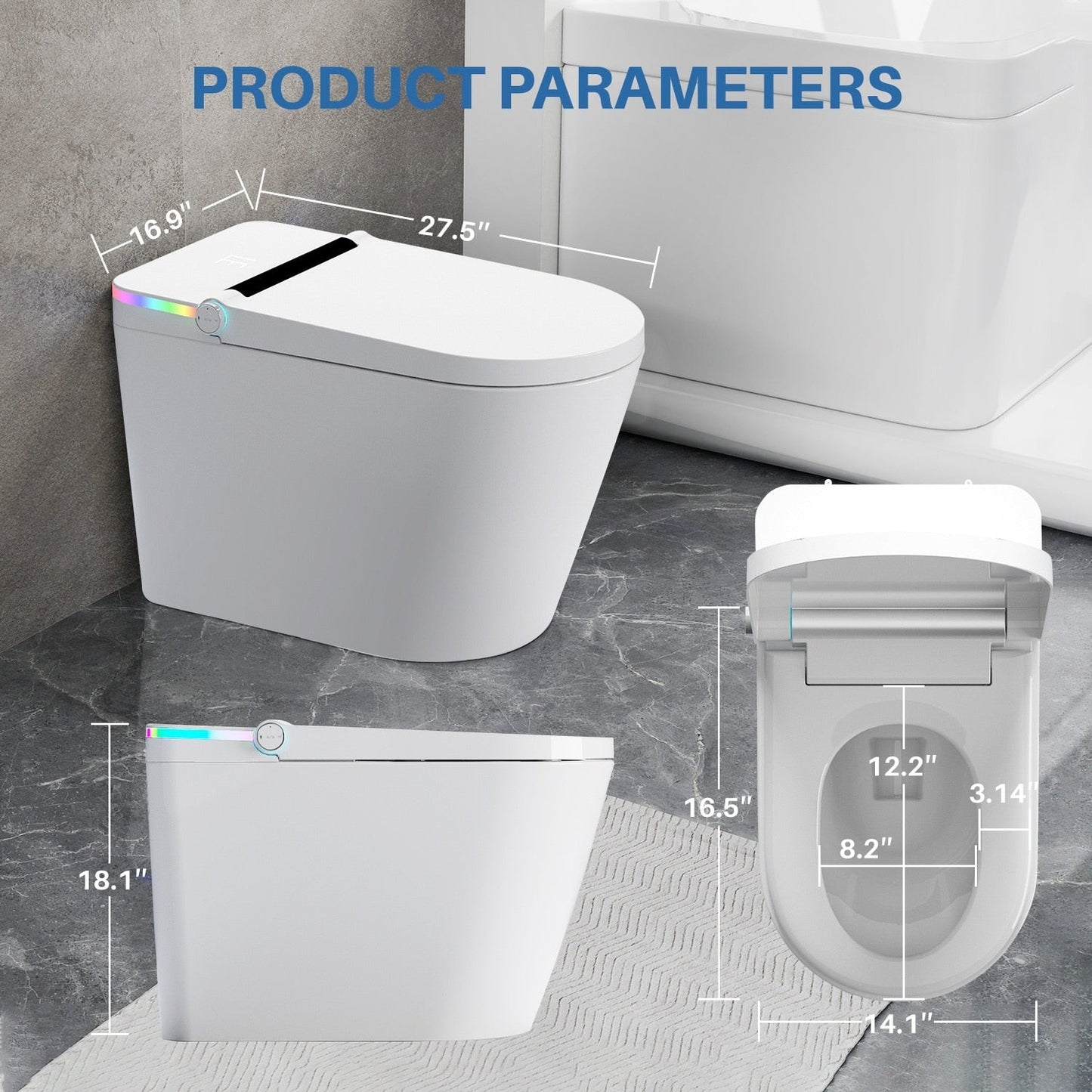 Toilettes intelligentes, Bidet à une pièce pour salles de bain, Toilettes modernes allongées avec eau chaude, Double chasse d'eau automatique, Fonctionnement par capteur de pied
