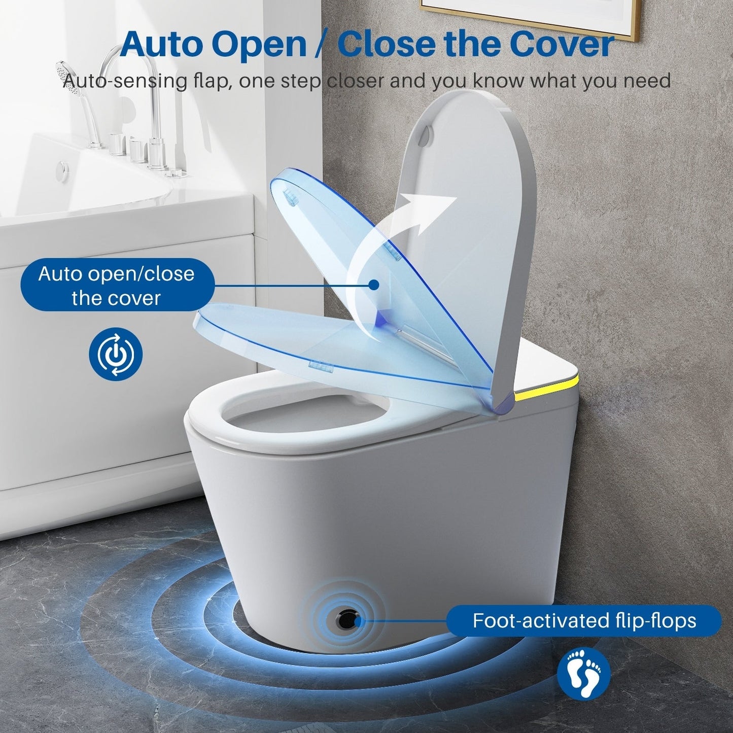 Toilettes intelligentes, Bidet à une pièce pour salles de bain, Toilettes modernes allongées avec eau chaude, Double chasse d'eau automatique, Fonctionnement par capteur de pied