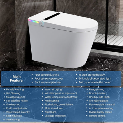 Toilettes intelligentes, Bidet à une pièce pour salles de bain, Toilettes modernes allongées avec eau chaude, Double chasse d'eau automatique, Fonctionnement par capteur de pied