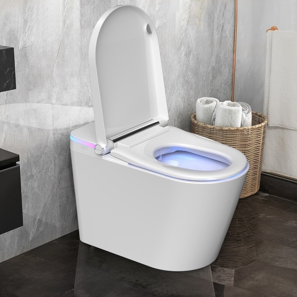 Toilettes intelligentes, Bidet à une pièce pour salles de bain, Toilettes modernes allongées avec eau chaude, Double chasse d'eau automatique, Fonctionnement par capteur de pied