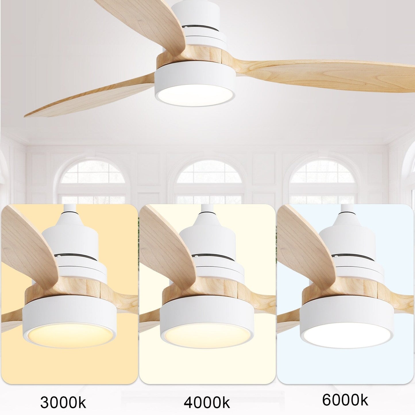 Ventilateur de plafond intérieur en bois Sofucor 52 avec télécommande, éclairage intégré en option.