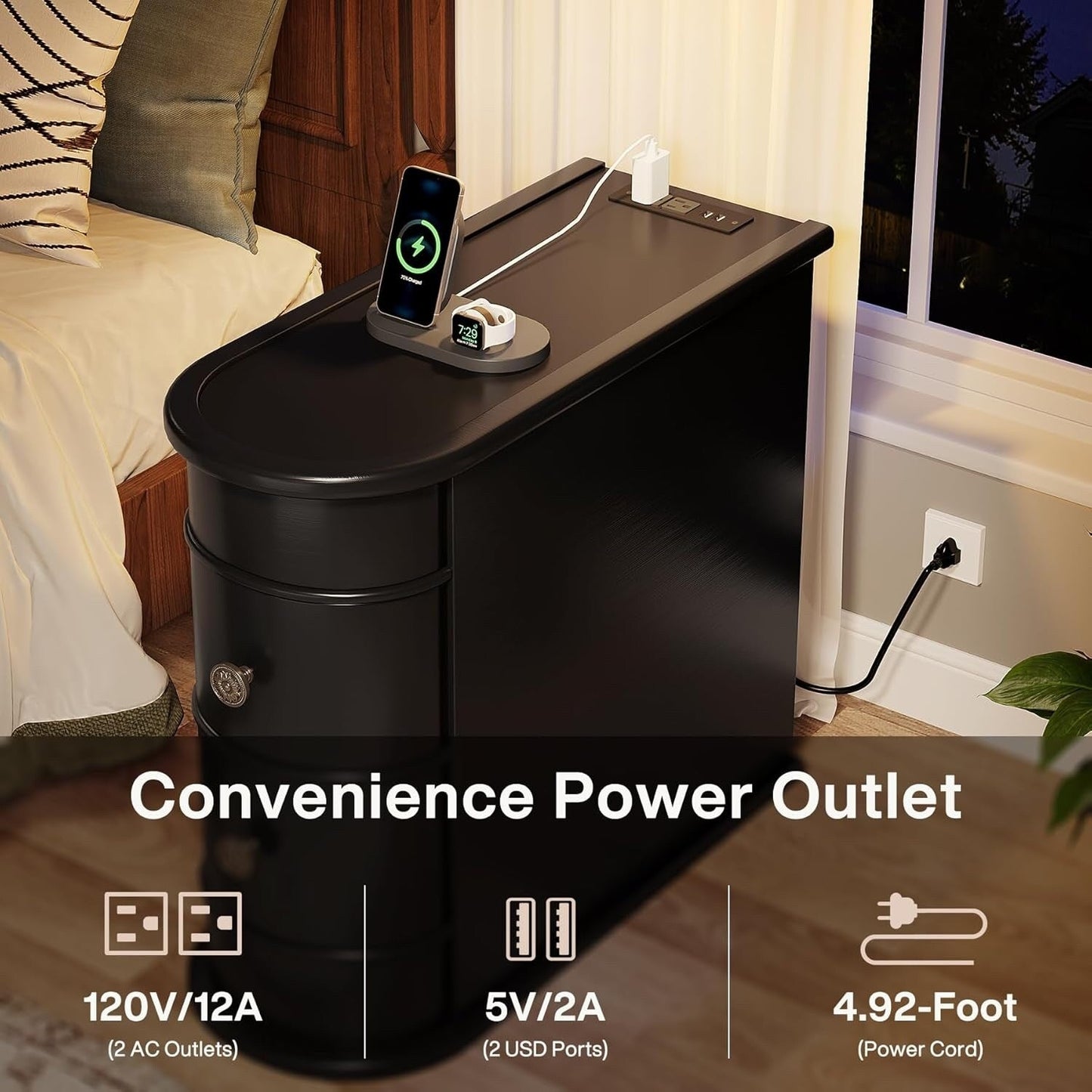 Table d'appoint en bois massif, table de chevet étroite à deux tiroirs, modèle Slim