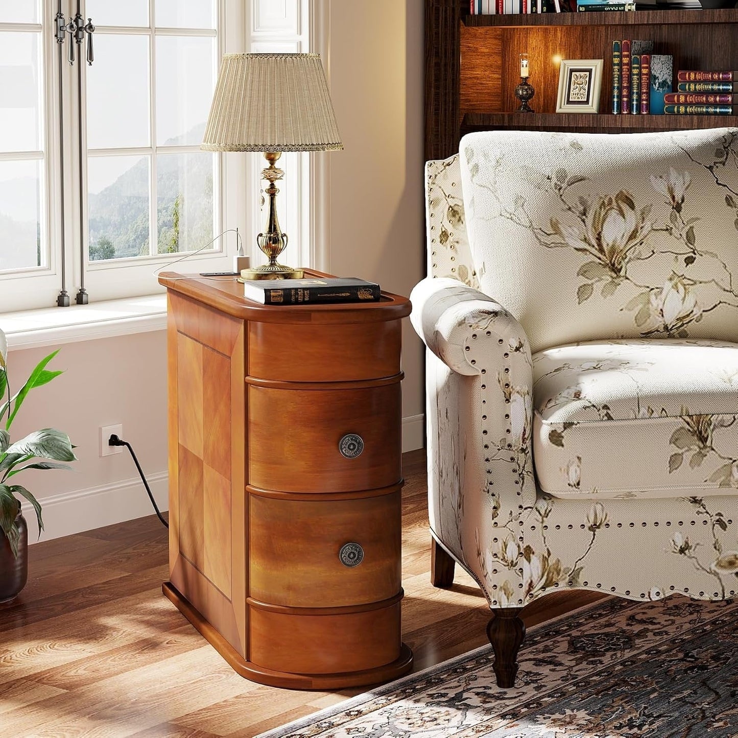 Table d'appoint en bois massif, table de chevet étroite à deux tiroirs, modèle Slim