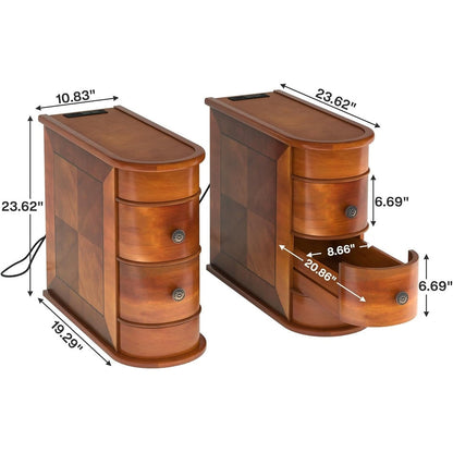 Table d'appoint en bois massif, table de chevet étroite à deux tiroirs, modèle Slim