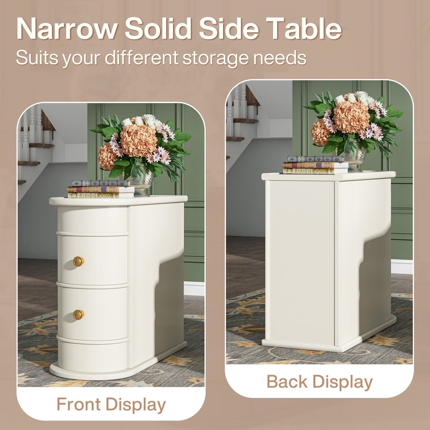 Table d'appoint en bois massif, table de chevet étroite à deux tiroirs, modèle Slim