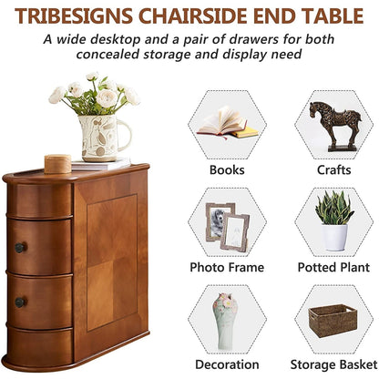 Table d'appoint en bois massif, table de chevet étroite à deux tiroirs, modèle Slim