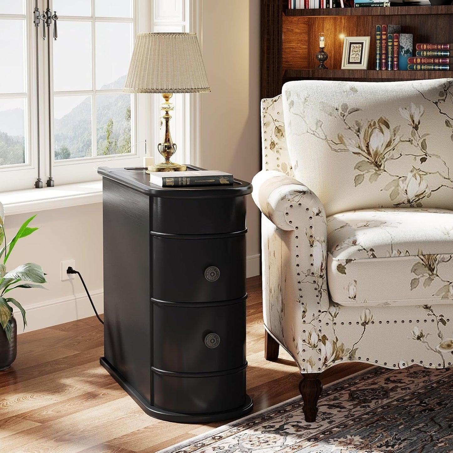 Table d'appoint en bois massif, table de chevet étroite à deux tiroirs, modèle Slim